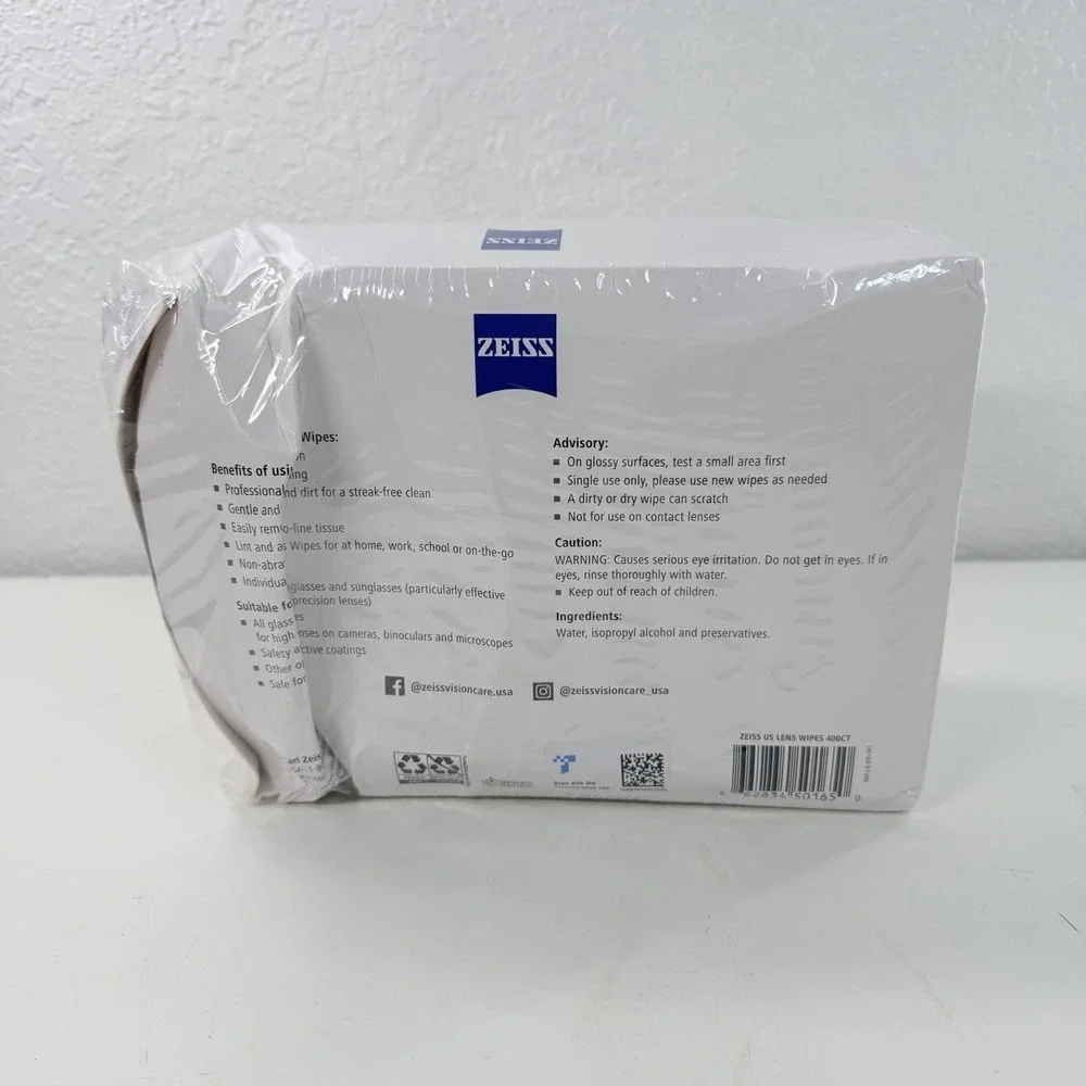 ZEISS Lens Cleaning Wipes Pre-Moistened Alcohol Glasses Cleaner 400Ct Damage Box